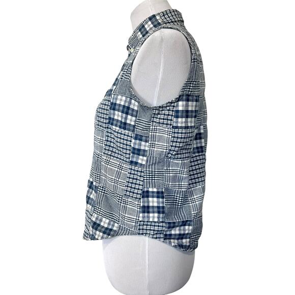 Lauren Ralph Lauren Vintage Plaid Patchwork Top Button Up Sleeveless Blue Sz 10P - Picture 5 of 7